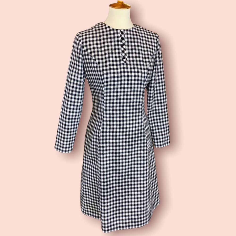 70s Leslie Fay Black White Gingham Dress M/L 10-12